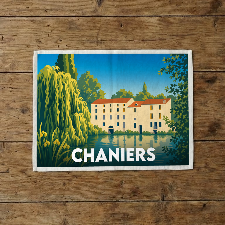 Torchon souvenir de la ville de Chaniers avec une illustration stylisée d'une bâtisse au bord de l'eau.