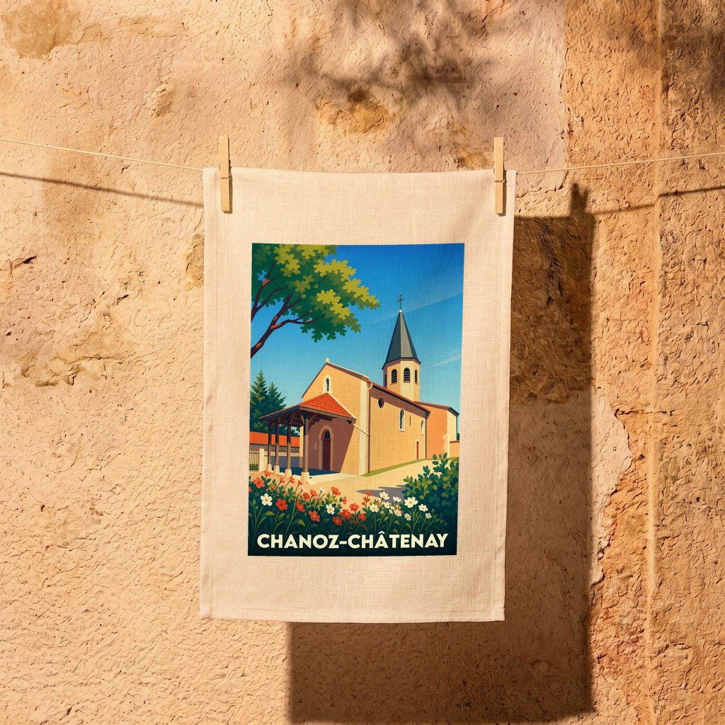 Torchon souvenir de la ville de Chanoz-Châtenay illustrant son église dans un style vintage coloré.