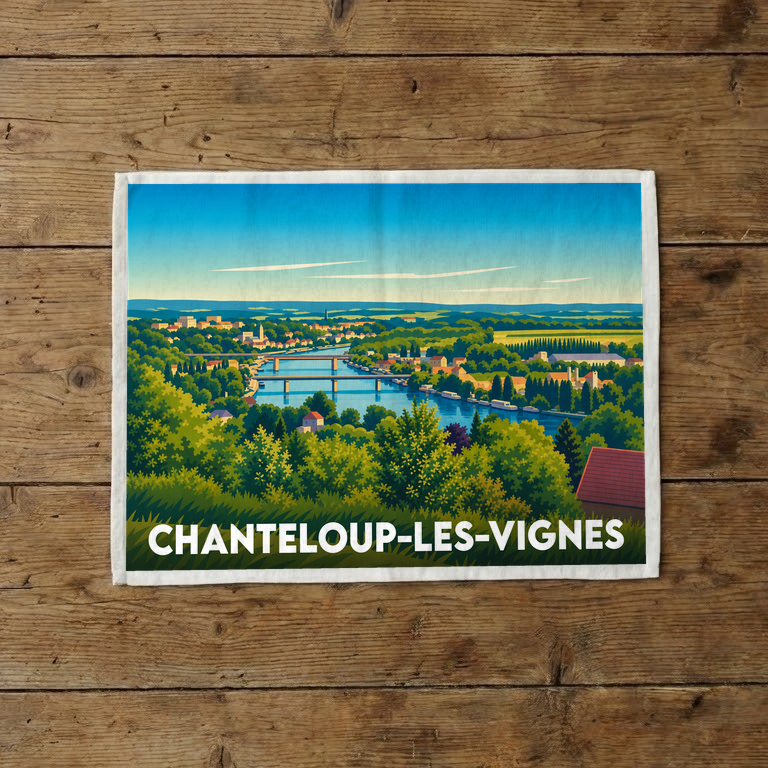 Torchon souvenir de la ville de Chanteloup-les-Vignes avec une illustration paysagère stylisée.