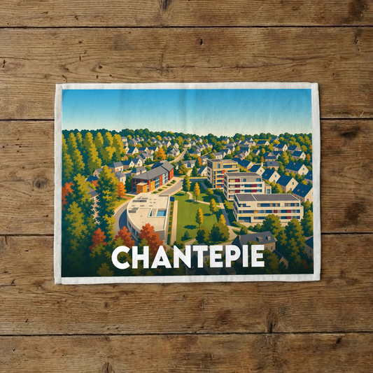 Torchon souvenir de la ville de Chantepie avec une illustration stylisée et colorée de ses quartiers résidentiels.