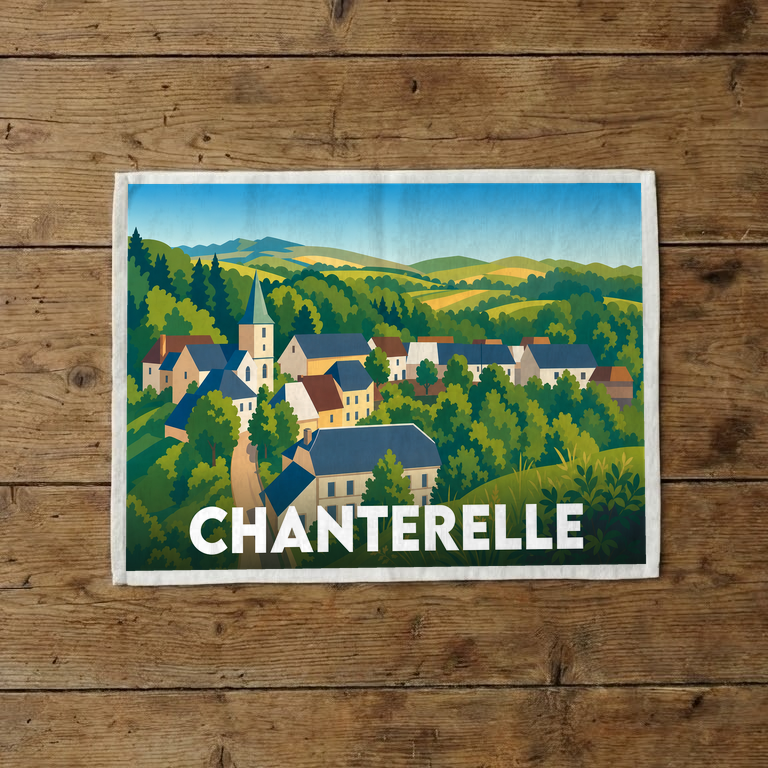 Torchon souvenir de la ville de Chanterelle avec une illustration stylisée du village.