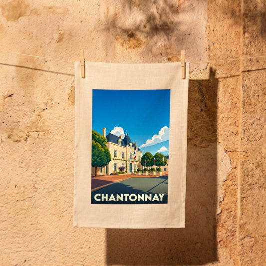 Torchon souvenir de la ville de Chantonnay avec une illustration stylisée.