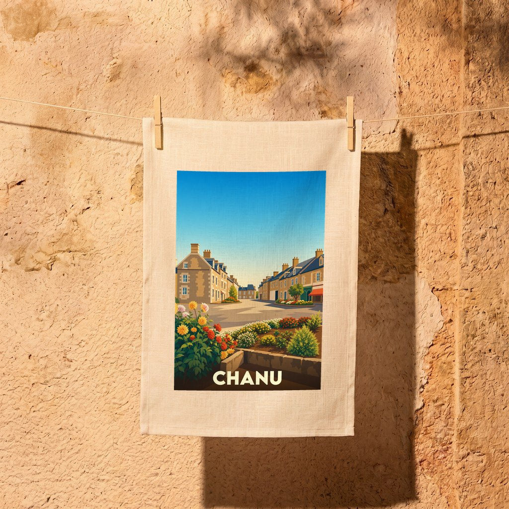 Torchon souvenir de la ville de Chanu illustré par une vue stylisée d'une rue fleurie.
