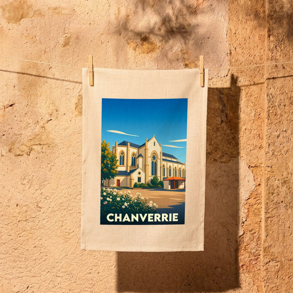 Torchon souvenir de la ville de Chanverrie orné d'une illustration stylisée de son église.
