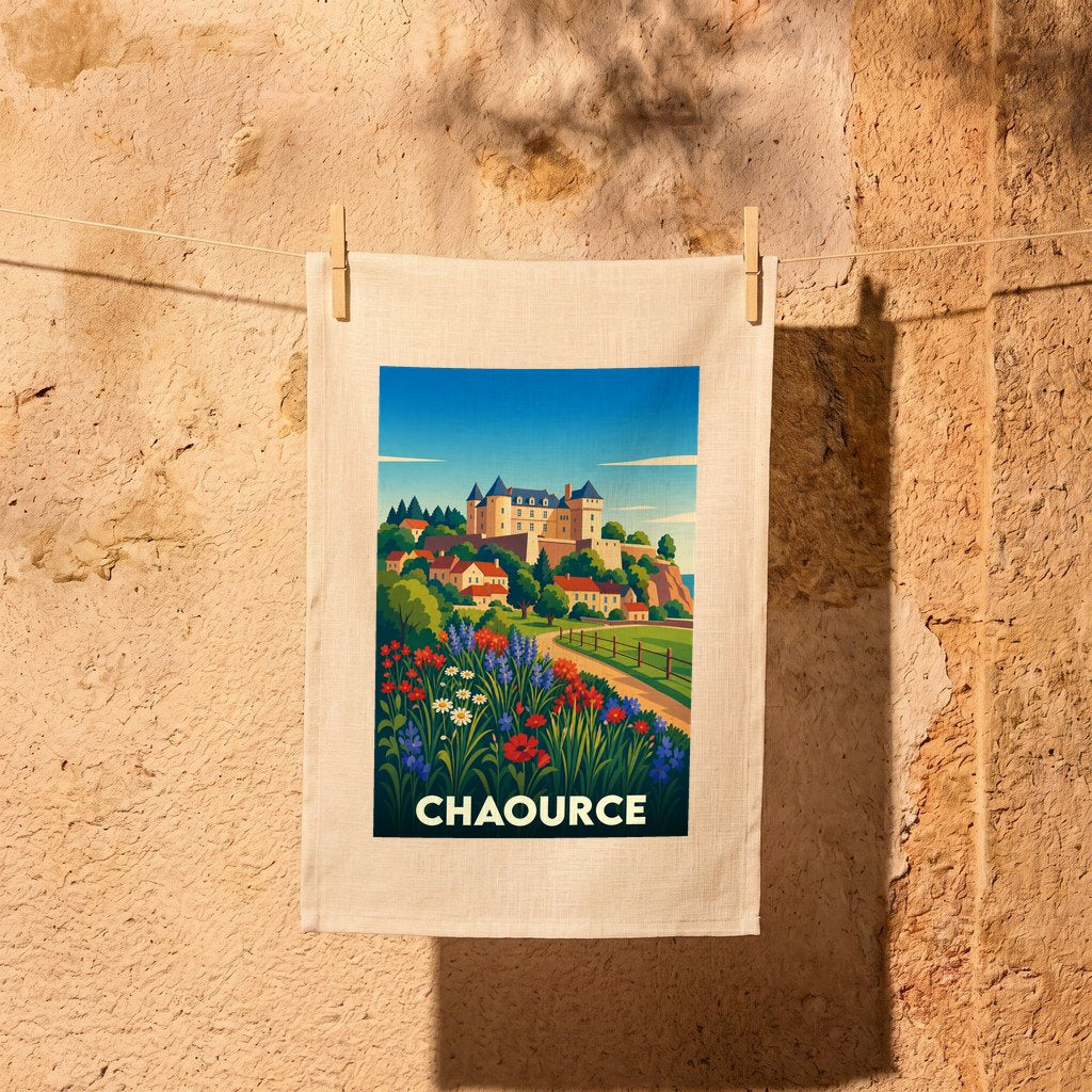 Torchon souvenir de la ville de Chaource avec une illustration colorée représentant son château et ses fleurs des champs.