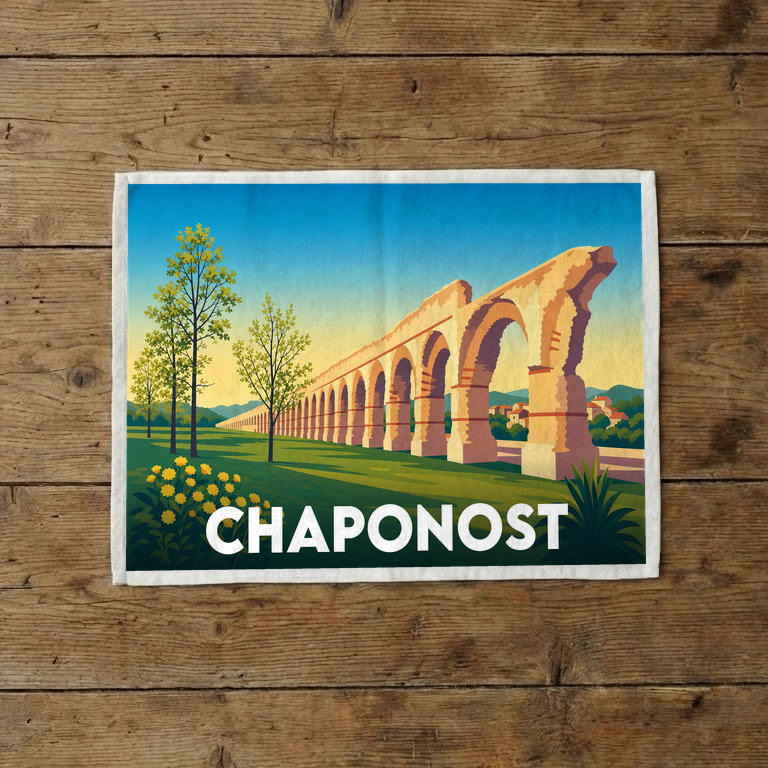Torchon souvenir de la ville de Chaponost illustré d'un dessin stylisé de l'aqueduc romain.