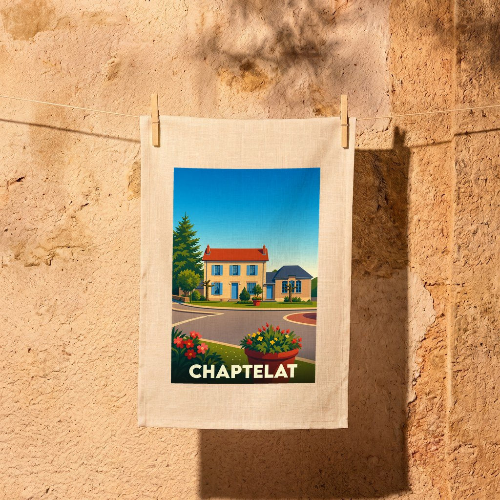 Torchon souvenir de la ville de Chaptelat avec une illustration stylisée d'une maison typique.