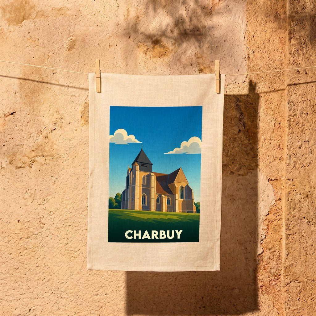 Torchon souvenir de la ville de Charbuy illustré d'une vue stylisée de son église.