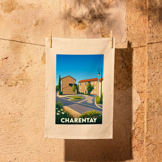 Torchon souvenir de la ville de Charentay illustré d'un paysage urbain stylisé.