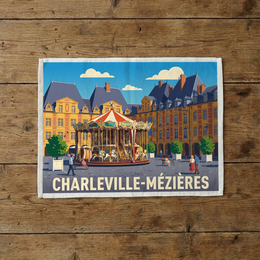Torchon souvenir de la ville de Charleville-Mézières avec une illustration stylisée de la Place Ducale et de son manège.