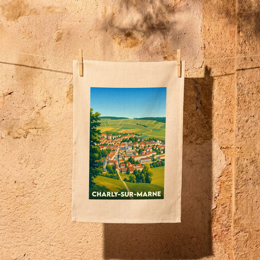 Torchon souvenir de Charly-sur-Marne illustré par une vue panoramique stylisée du village et de son vignoble.