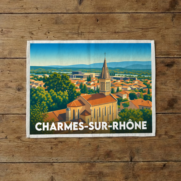 Torchon souvenir de la ville de Charmes-sur-Rhône avec une illustration stylisée.