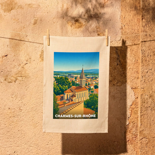 Torchon souvenir de la ville de Charmes-sur-Rhône avec une illustration stylisée.