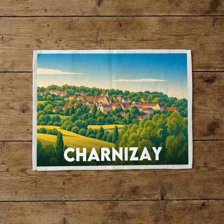 Torchon souvenir de la ville de Charnizay avec une illustration stylisée.