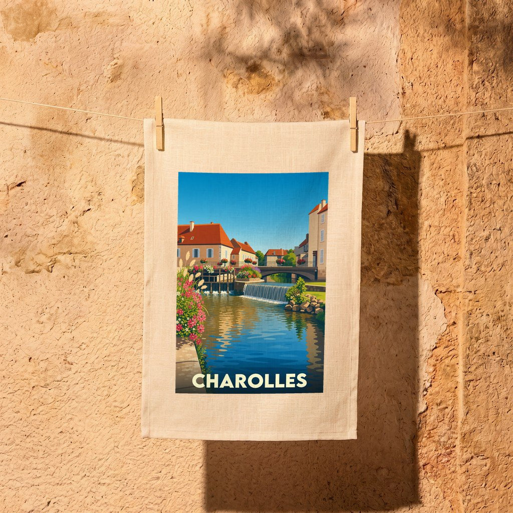 Torchon souvenir de la ville de Charolles avec une illustration stylisée d'un canal et de maisons à colombages.