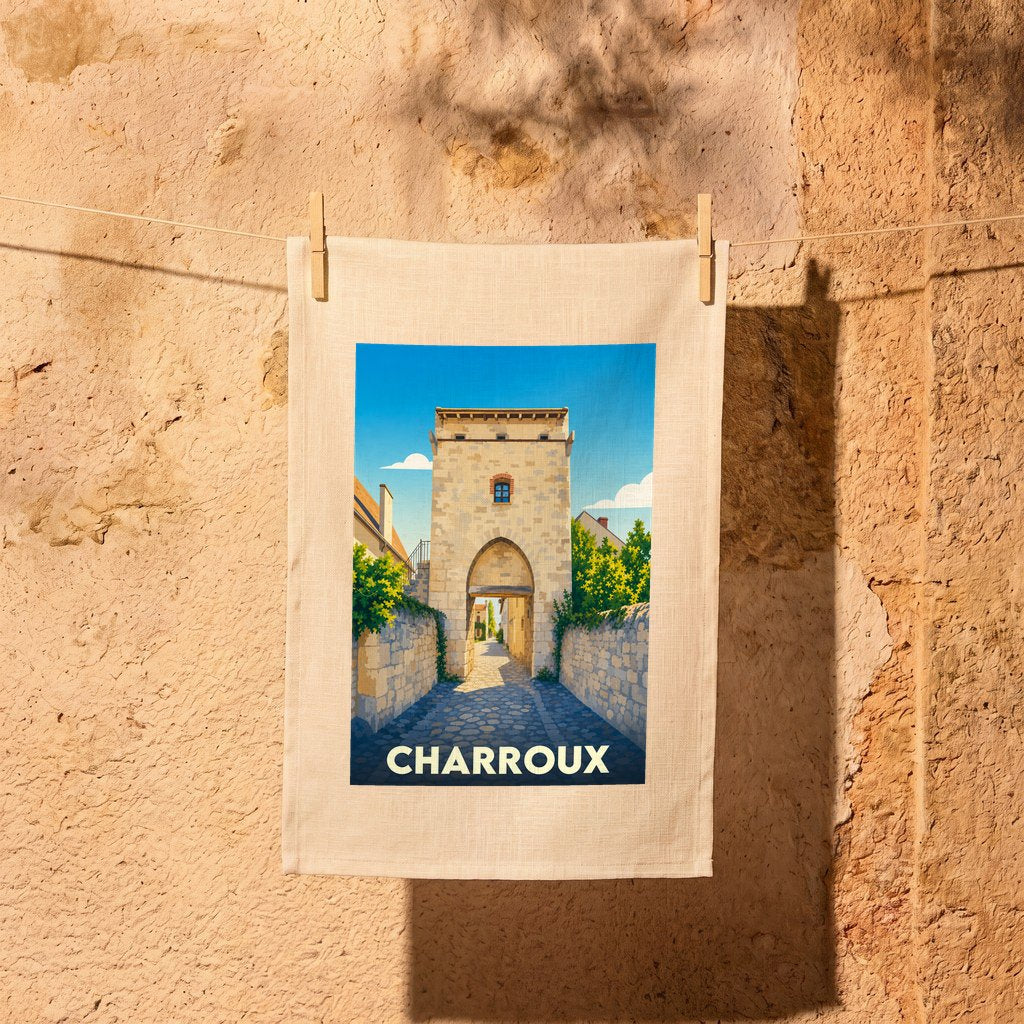 Torchon souvenir de la ville de Charroux avec une illustration stylisée d'une porte médiévale fortifiée.