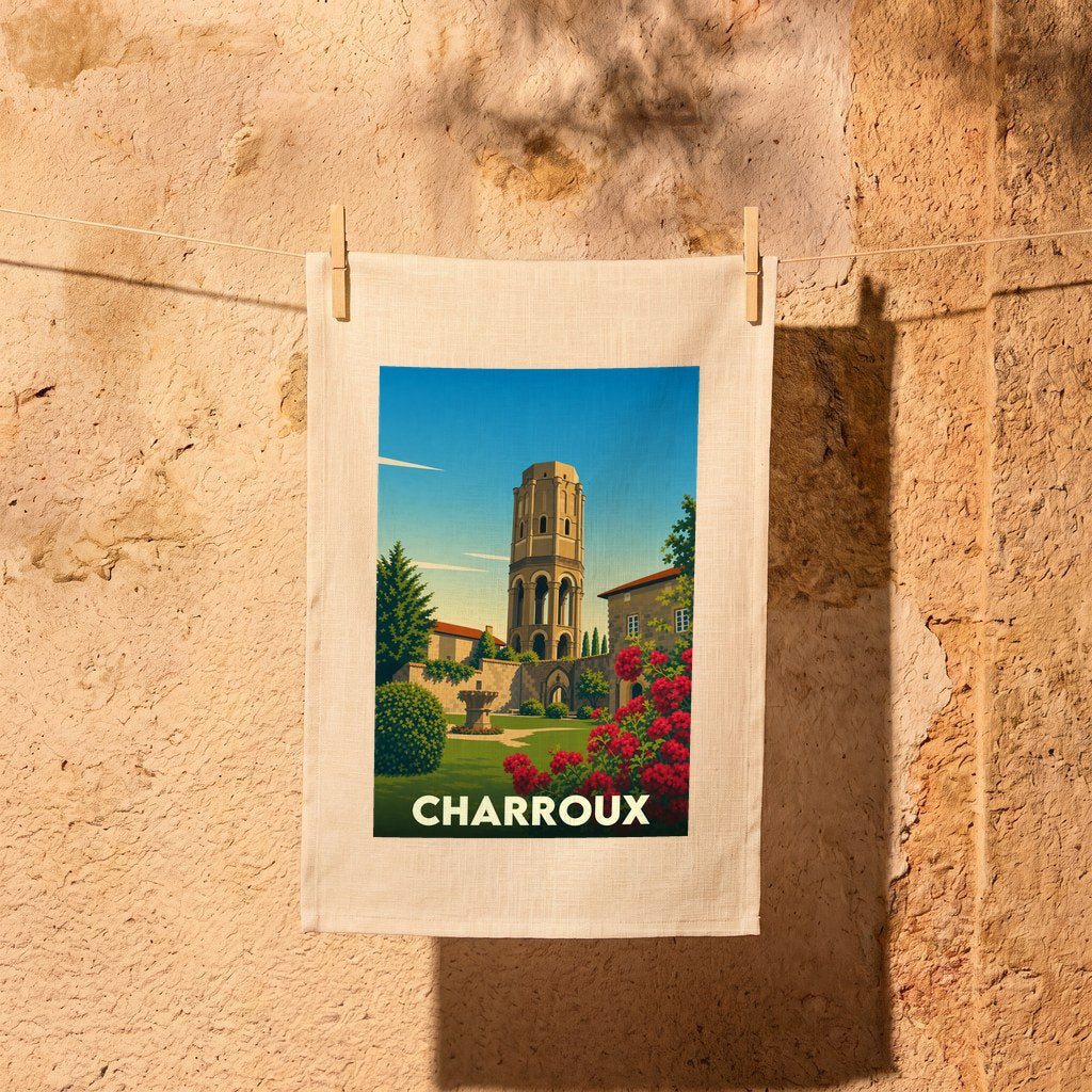 Torchon souvenir de la ville de Charroux avec une illustration stylisée.