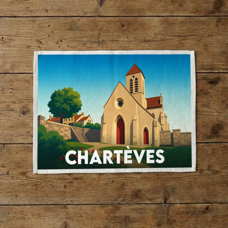 Torchon souvenir de la ville de Chartèves présentant une illustration stylisée de son église.