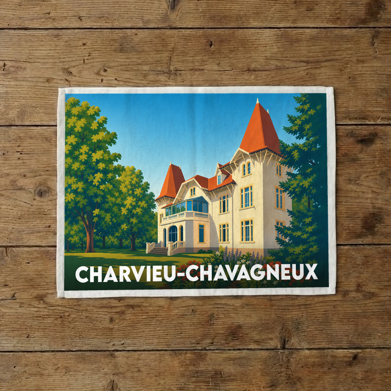 Torchon souvenir de la ville de Charvieu-Chavagneux illustrant une élégante bâtisse au toit rouge entourée de verdure.