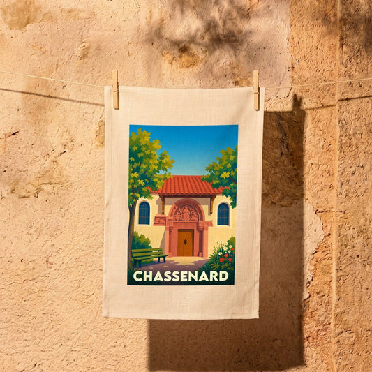 Torchon souvenir de la ville de Chassenard orné d'une illustration stylisée de son église.