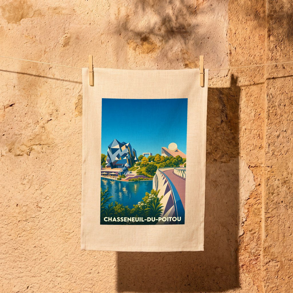 Torchon souvenir de la ville de Chasseneuil-du-Poitou avec une illustration stylisée du Futuroscope.