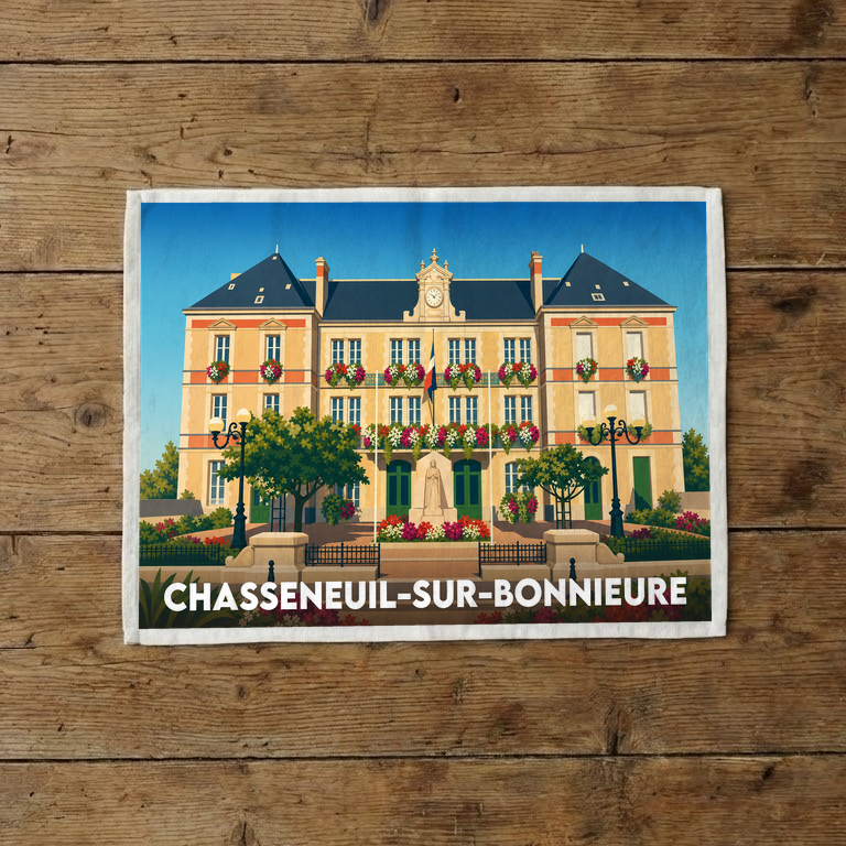 Torchon souvenir de la ville de Chasseneuil-sur-Bonnieure avec une illustration stylisée de son hôtel de ville.