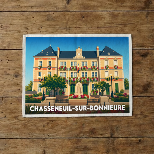Torchon souvenir de la ville de Chasseneuil-sur-Bonnieure avec une illustration stylisée de son hôtel de ville.