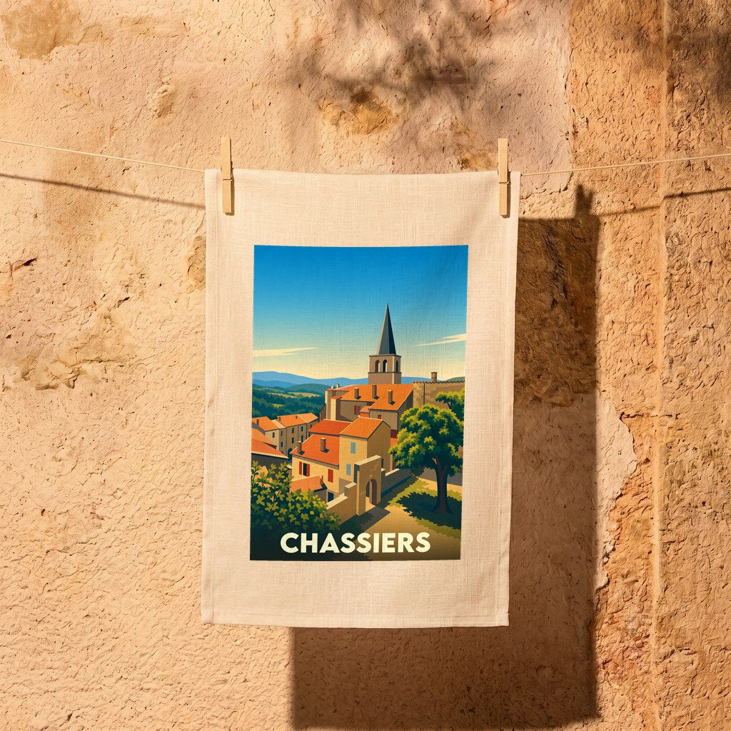 Torchon souvenir de la ville de Chassiers avec une illustration stylisée.