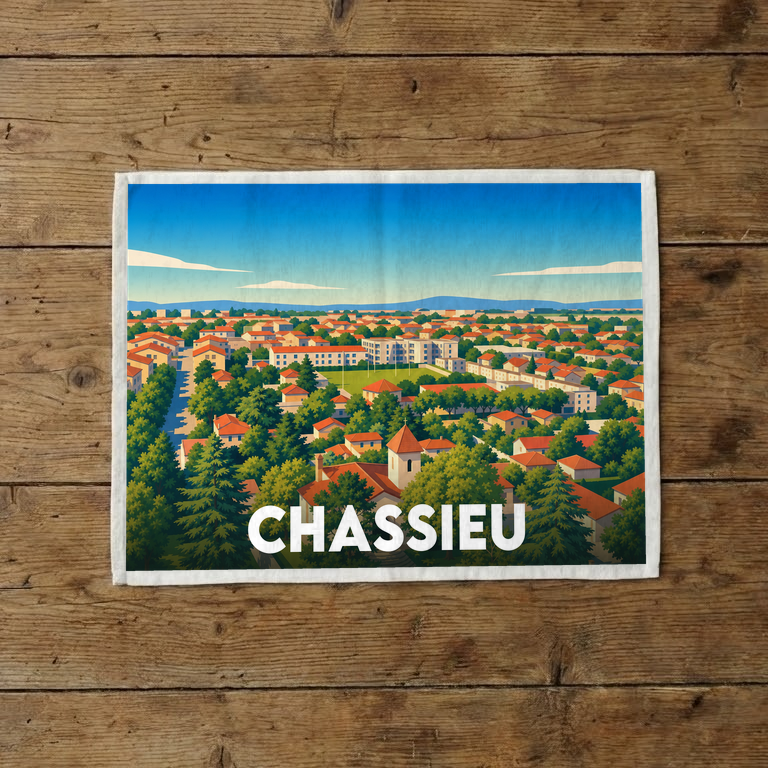 Torchon souvenir de la ville de Chassieu avec une illustration stylisée et colorée de ses paysages urbains.