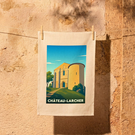 Torchon souvenir de Château-Larcher avec une illustration stylisée de son église et de son château.