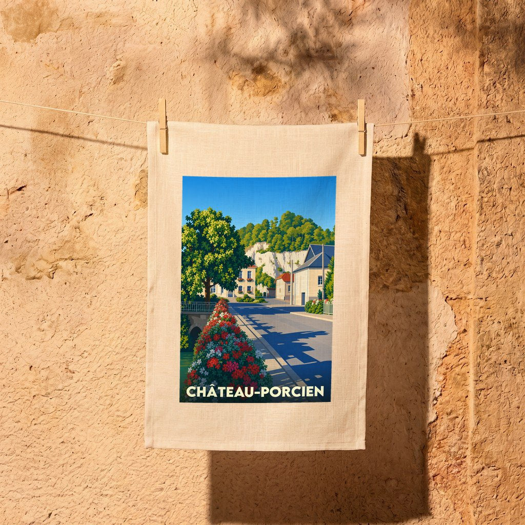Torchon souvenir de la ville de Château-Porcien avec une illustration stylisée.
