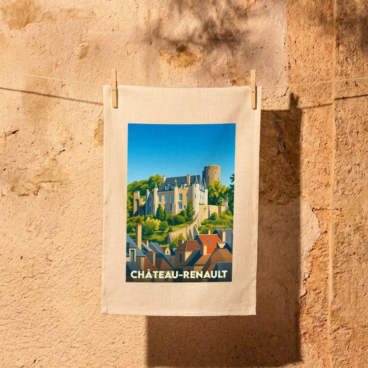Torchon souvenir de la ville de Château-Renault avec une illustration stylisée.