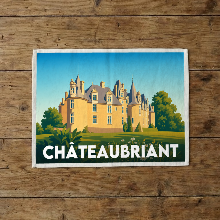 Torchon souvenir de la ville de Châteaubriant avec une illustration stylisée de son château.