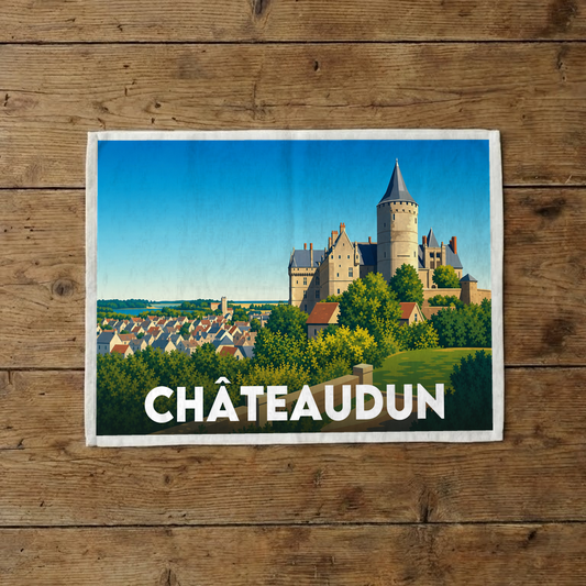 Torchon souvenir de la ville de Châteaudun avec une illustration stylisée de son château.