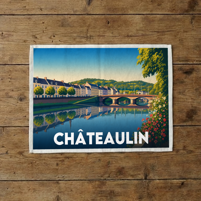 Torchon souvenir de la ville de Châteaulin avec une illustration stylisée.
