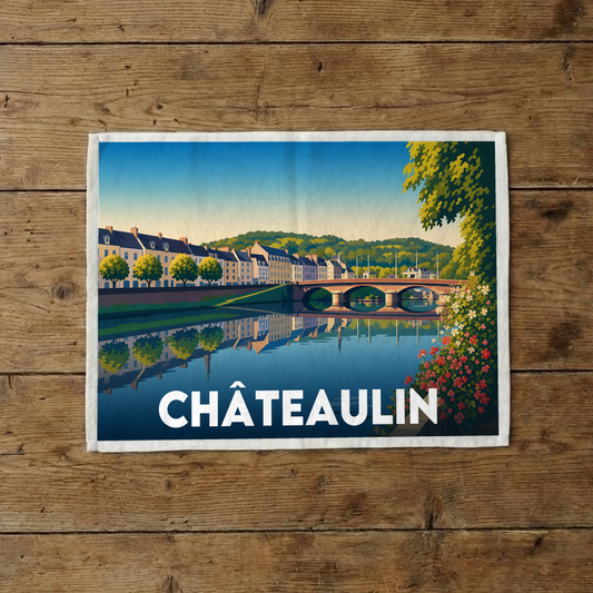Torchon souvenir de la ville de Châteaulin avec une illustration stylisée.