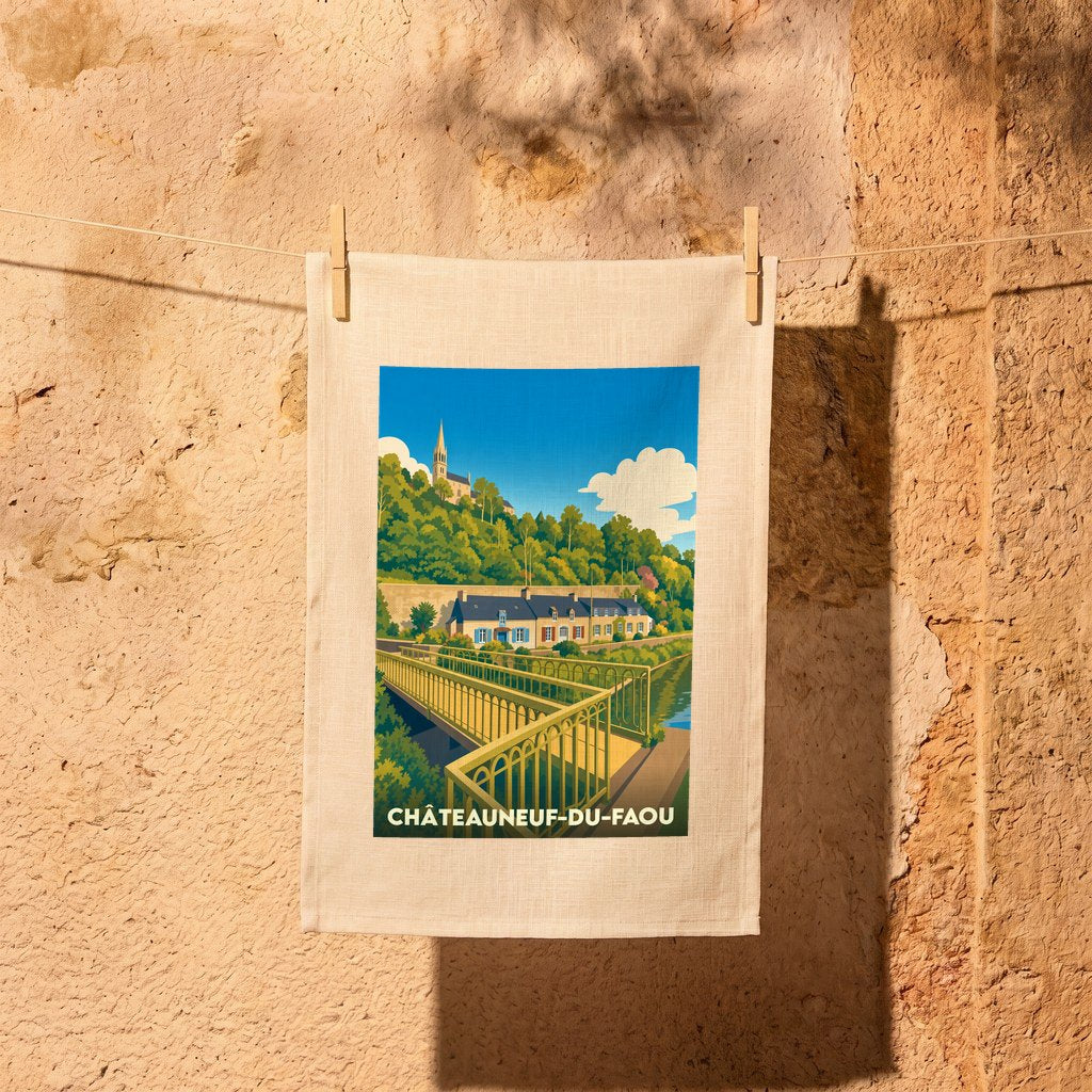 Torchon souvenir de la ville de Châteauneuf-du-Faou avec une illustration stylisée.