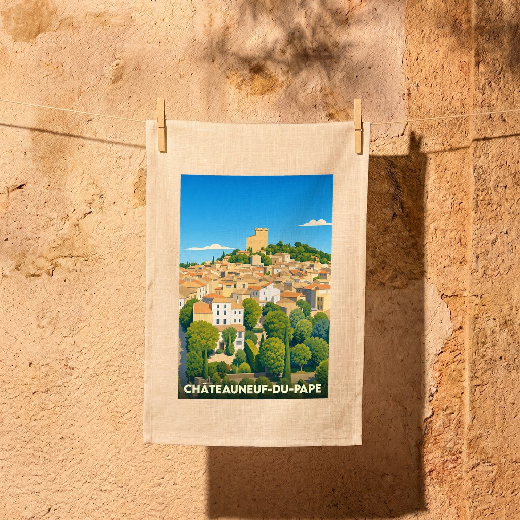 Torchon souvenir de Châteauneuf-du-Pape arborant une illustration stylisée du village et de son château.