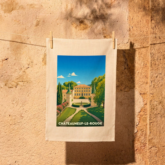 Torchon souvenir de la ville de Châteauneuf-le-Rouge avec une illustration stylisée de son château et de ses jardins.