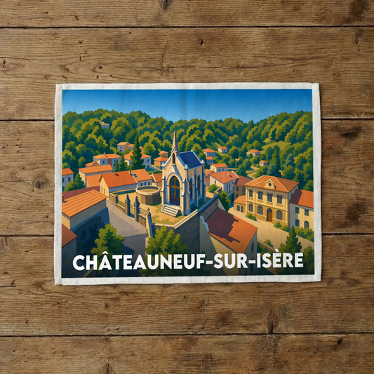 Torchon souvenir de la ville de Châteauneuf-sur-Isère avec une illustration stylisée du village et de son paysage vallonné.