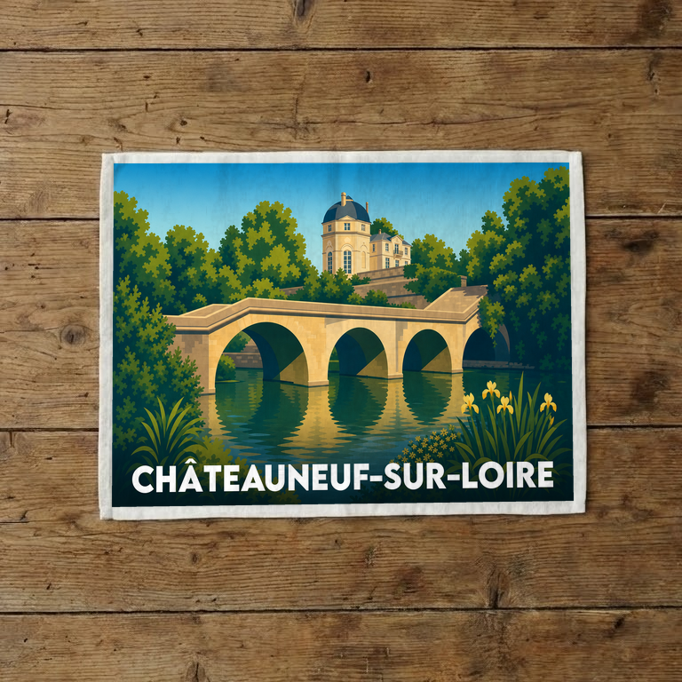Torchon souvenir de Châteauneuf-sur-Loire avec une illustration stylisée représentant un pont de pierre et un château bordant la Loire.