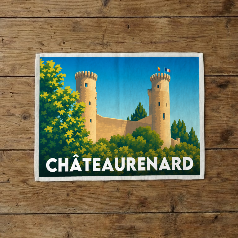 Torchon souvenir de la ville de Châteaurenard illustrant son château médiéval dans un style graphique épuré.