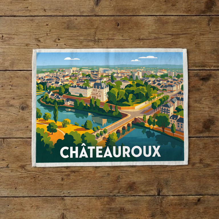 Torchon souvenir de la ville de Châteauroux avec une illustration stylisée.