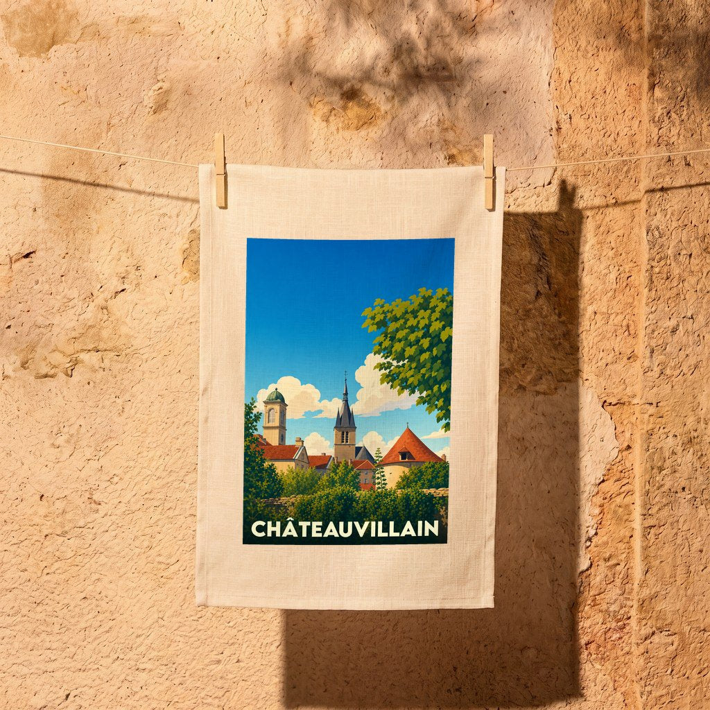 Torchon souvenir de la ville de Châteauvillain avec une illustration stylisée.