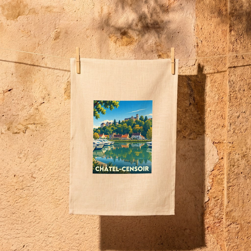 Torchon souvenir de la ville de Châtel-Censoir avec une illustration stylisée de son port et de ses hauteurs.