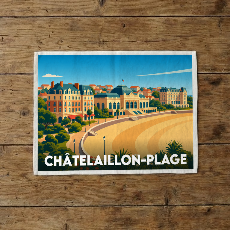Torchon souvenir de la ville de Châtelaillon-Plage illustrant son front de mer dans un style rétro et coloré.