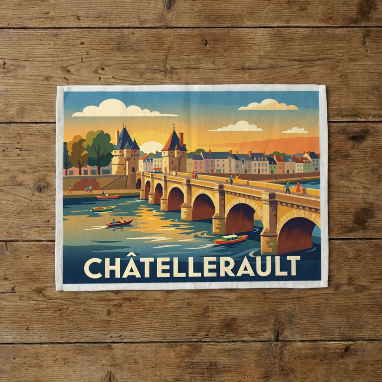 Torchon souvenir de la ville de Châtellerault avec une illustration stylisée de son célèbre pont.