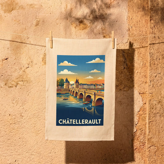 Torchon souvenir de la ville de Châtellerault avec une illustration stylisée de son célèbre pont.