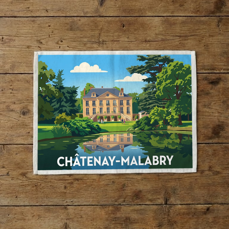Torchon souvenir de la ville de Châtenay-Malabry avec une illustration colorée d'un manoir se reflétant dans l'eau.