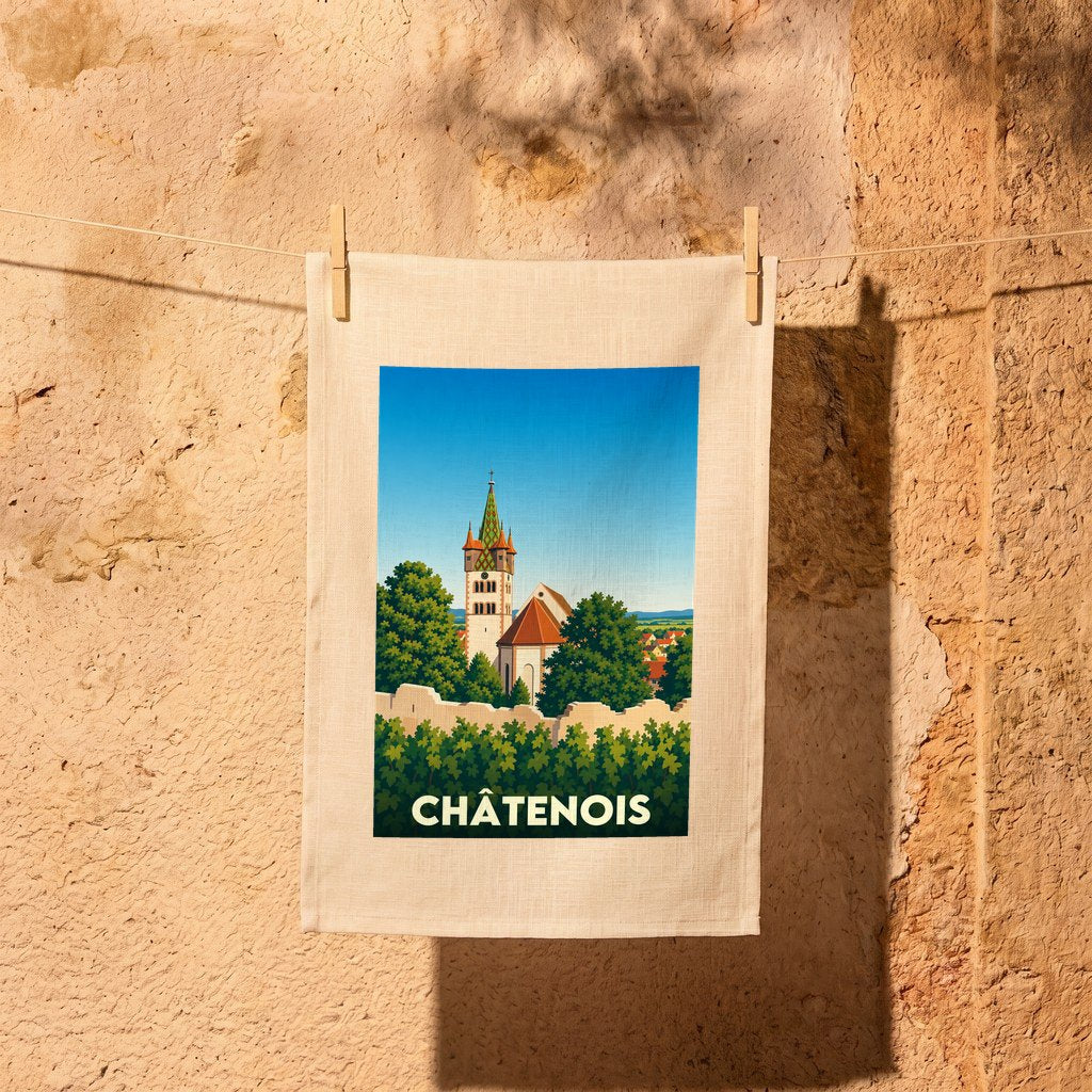 Torchon souvenir de la ville de Châtenois avec une illustration stylisée d'une église et de vignobles.